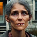40 year old womanю Looks older than her age, showing signs of frequent distress and hardship. She has missing teeth.